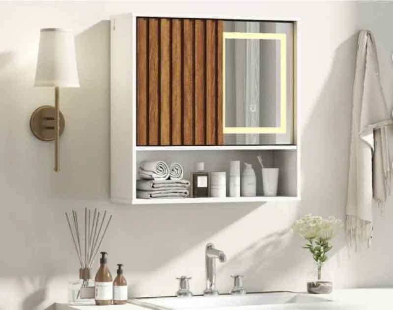 White and wood-slat bathroom wall cabinet with lighted mirror