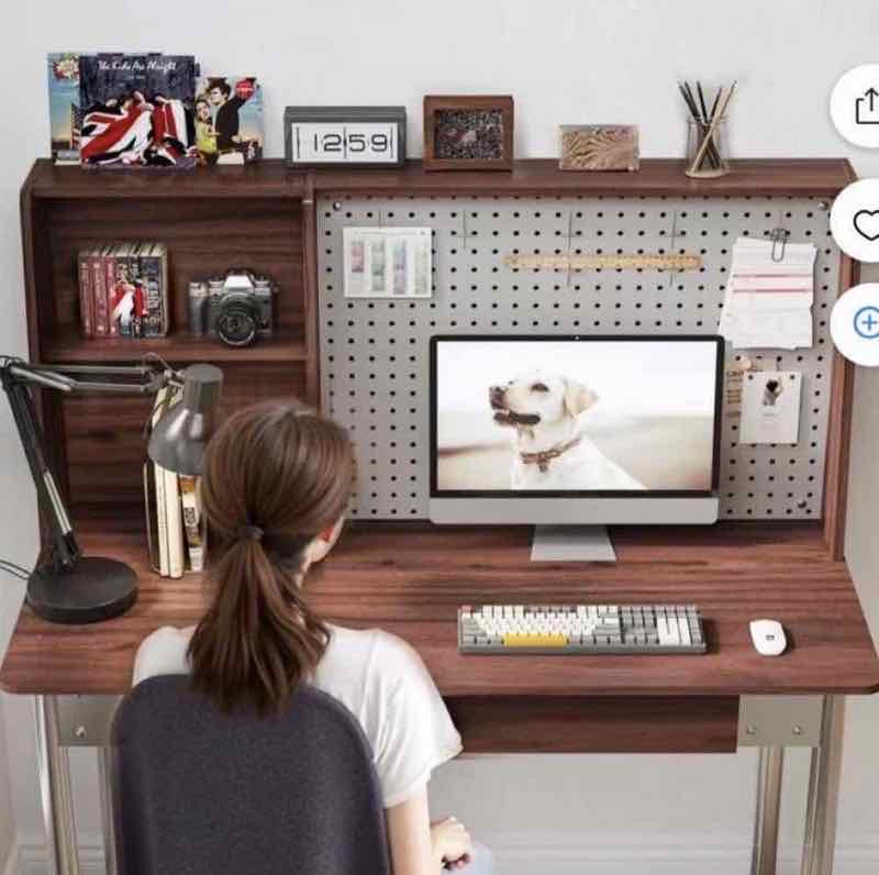 Wood computer desk with shelf hutch and pegboard organizer