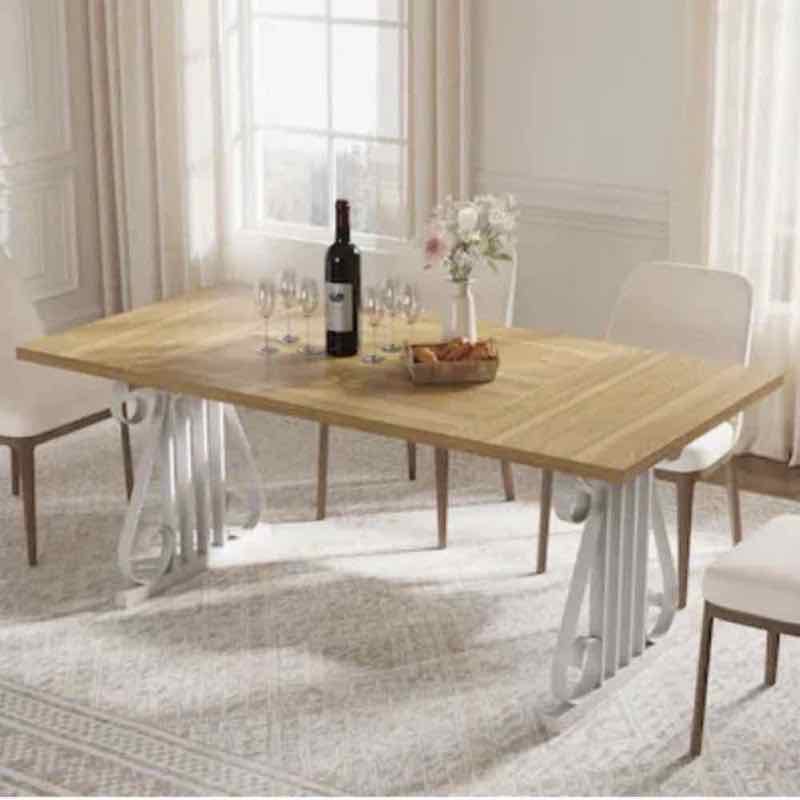 Oak-top dining table with white pedestal base