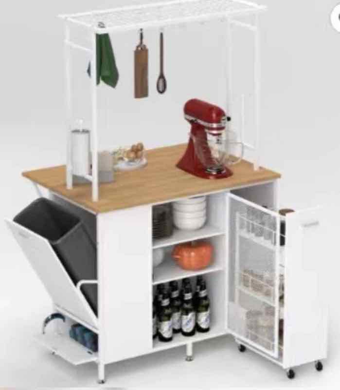 Rolling kitchen island cart with butcher-block top, pull-out trash bin and storage