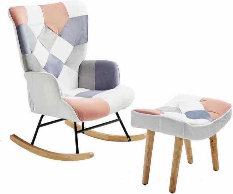 Mid-century metal outdoor rocking chair with patchwork linen seat and matching ottoman
