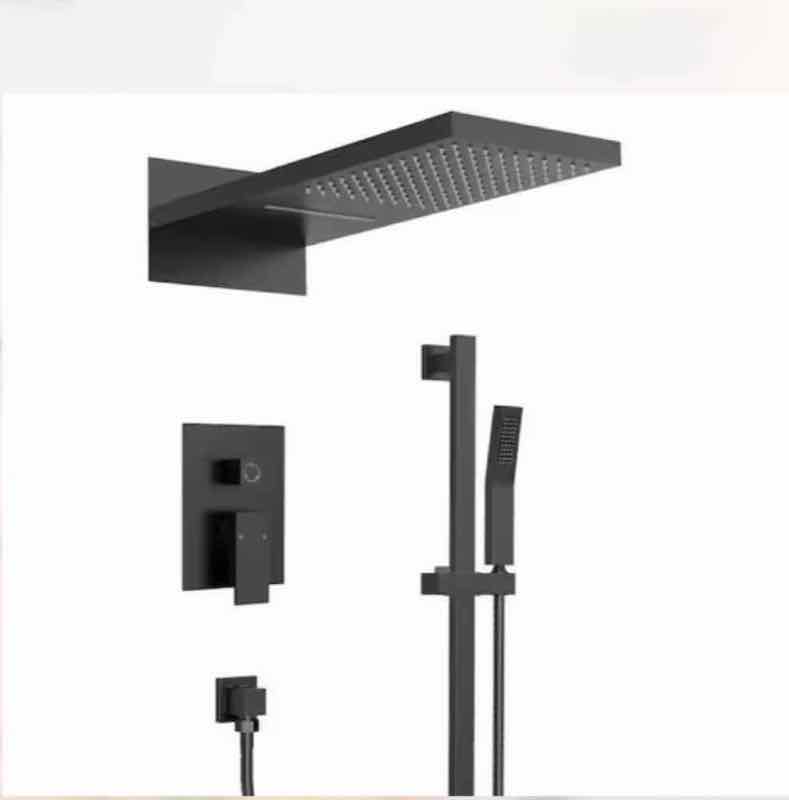 Matte black waterfall and rainfall shower system