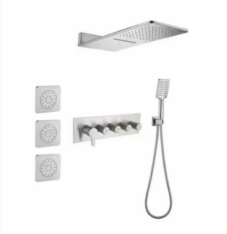 Nickel thermostatic shower system with body jets and handheld