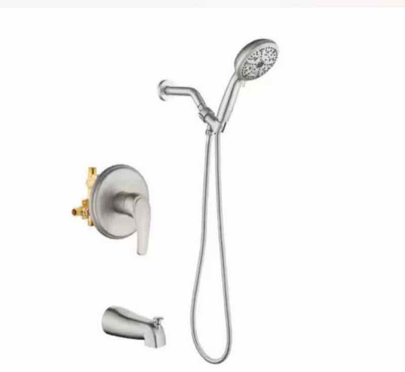 Brushed nickel shower system with tub spout and handheld