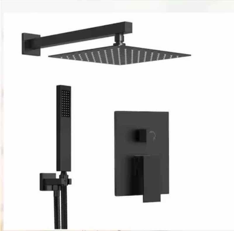 Matte black wall-mount rainfall shower system with handheld sprayer