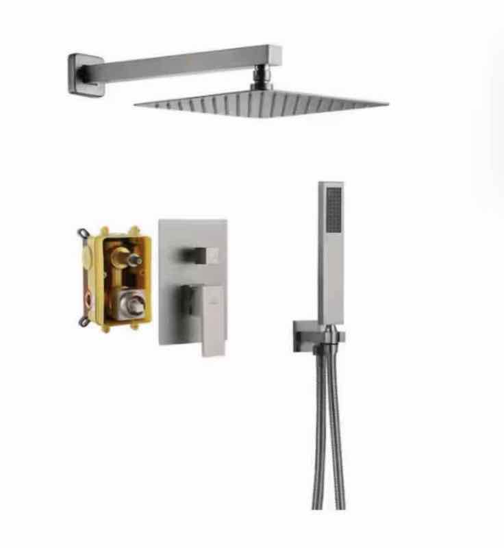 Brushed nickel rainfall shower system with handheld sprayer