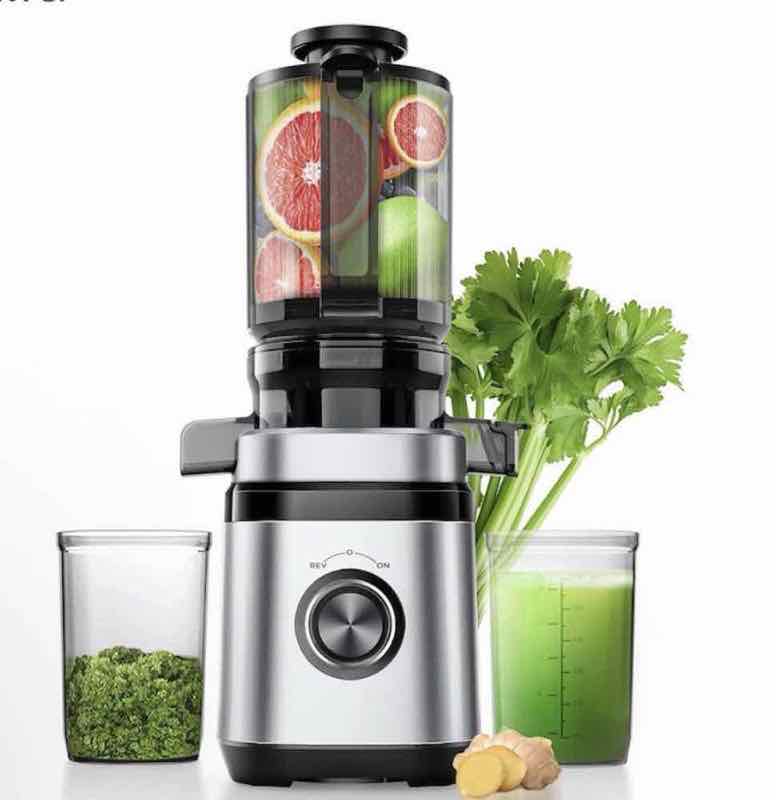 Cold-press slow masticating juicer with wide feed chute