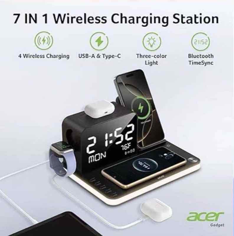 7-in-1 wireless charging station with clock and three-color light